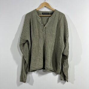 PAZZO L Olive Green Ramie Cotton Ribbed Henley Knit Sweater